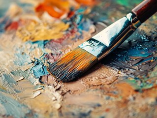 Fototapeta premium Artistic brushwork close-up studio photography creative workspace overhead artistic expression