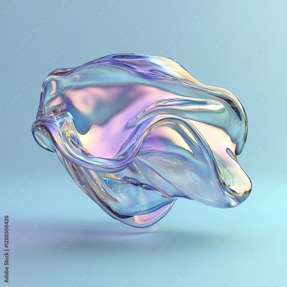 Poster a 3d shape made of holographic liquid metal featuring dynamic fluid bubbles wrapped in holographic f