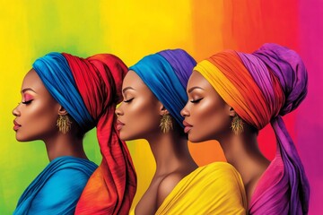 Fototapeta premium Three elegant women wearing colorful headscarves representing diversity and beauty