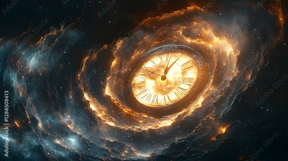 Poster swirling cosmic clock burst of fiery light and energy in a dramatic turbulent galactic nebula landsc
