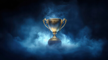 golden trophy emerging from mist, symbolizing victory and achievement