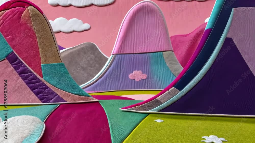 Poster a colorful mountain scene with a pink sky. the mountains are made of different colored fabric. there