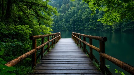 Obraz premium Arched wooden bridge spanning across a peaceful flowing river surrounded by a lush green forest landscape The rustic