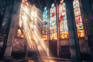 Sunlight streaming through restored stained glass in a once ruined church now revitalized. Generative AI