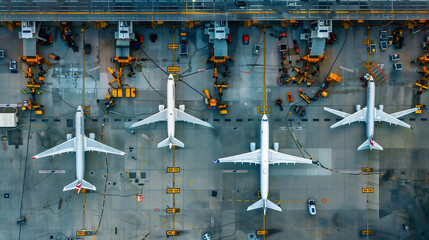 Aerial View of a 3D military airfield with Planes bombers,, Runway and Service Machinery.
