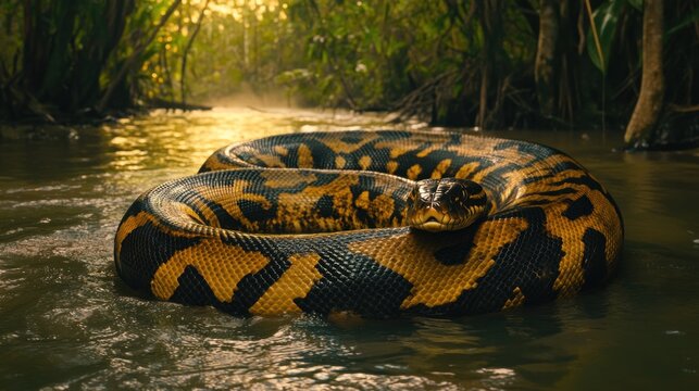 Yellow Anaconda coiled in jungle river at sunset, wildlife documentary