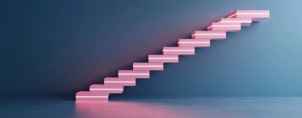 Obraz premium A modern, minimalist staircase with glowing pink accents against a dark blue background, creating a sleek and contemporary aesthetic.