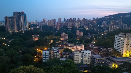 Fototapeta premium Cityscape twilight aerial view, buildings, hills, lights, urban sprawl, promotional