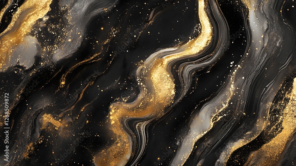 Poster This captivating image showcases an exquisite blend of golden marble textures and swirling patterns that dance across a mesmerizing cosmic backdrop creating a sense of boundless ethereal grandeur