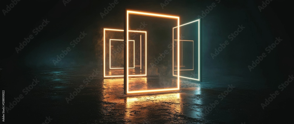 Poster the concept of a 3d abstract neon background with sequential blue and yellow square frames, glowing 