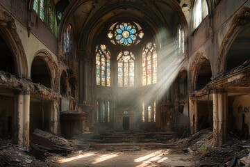 Fototapeta premium Ruined church restored under sunlight with vibrant stained glass windows showcasing beauty. Generative AI