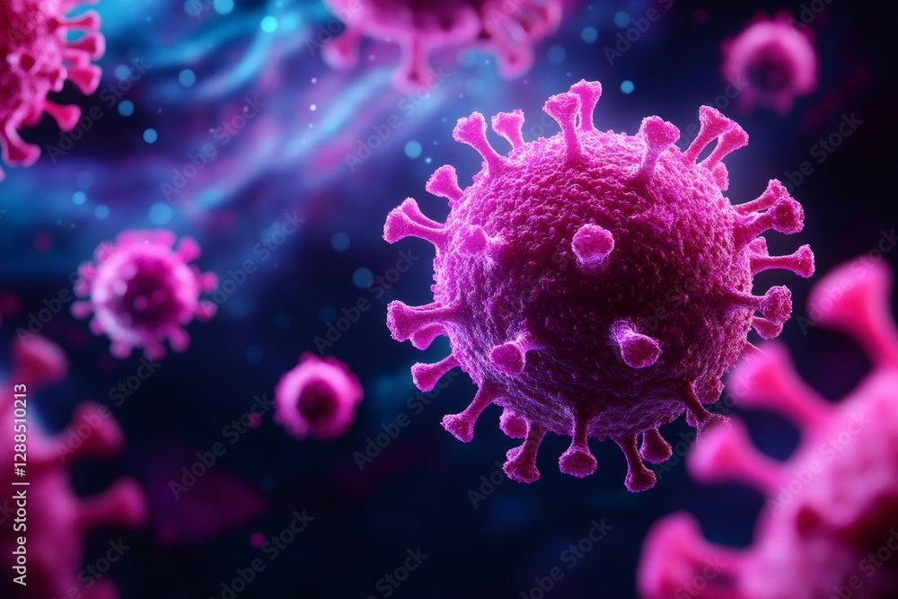 Poster microscopic view of coronavirus cells floating in a dark environment