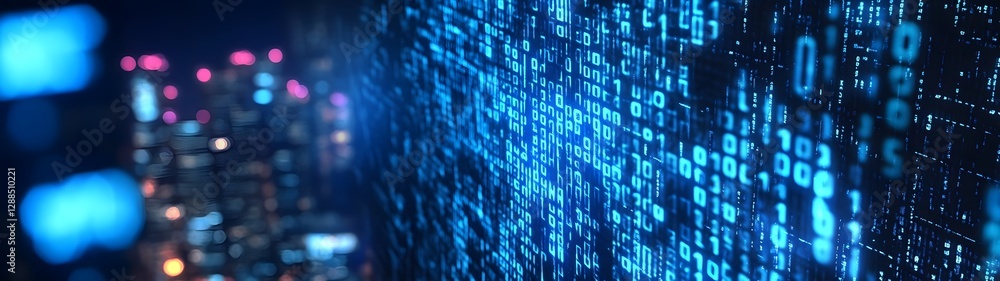 Poster This image depicts a captivating digital landscape showcasing the intricate interconnectedness of technology and innovation  The abstract composition features a mesmerizing matrix of binary code