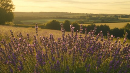Naklejka premium Sunset Lavender Field, Rural Landscape, Idyllic Summer