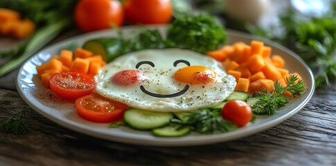Smiling Fried Egg with Vegetables on Plate Fresh and Healthy Breakfast