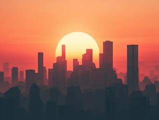Obraz premium A vibrant sunset casts a warm glow over a silhouette of a bustling city skyline, creating a dramatic and serene atmosphere.