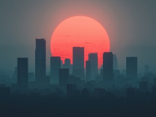 Fototapeta premium A stunning city skyline silhouetted against a vibrant orange sunset, creating a dramatic and serene atmosphere.