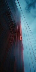 Fototapeta premium the Golden Gate Bridge in San Francisco during a foggy evening. The fog blankets the city, softening the light