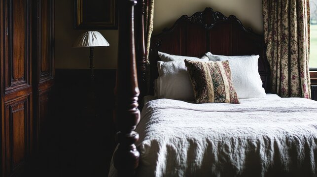Luxurious four-poster bed, country house bedroom, sunlight, tranquility, advertising