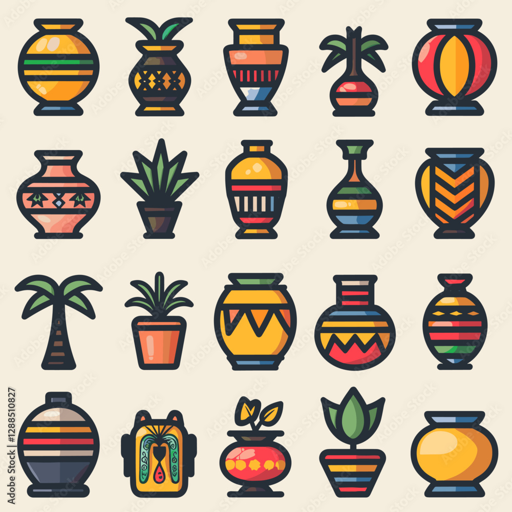 Poster collection of vases and plants in various shapes and sizes. the vases are arranged in a row, with so