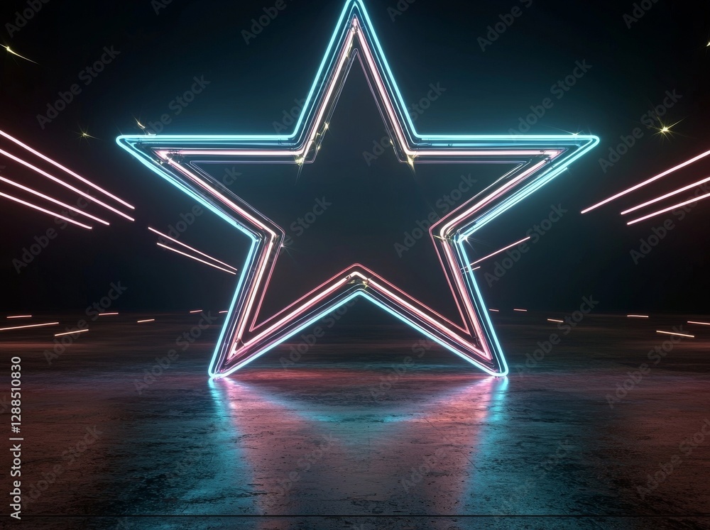 Poster the image is a 3d render of a neon star shape in ultraviolet, complete with glowing lines, a portal-