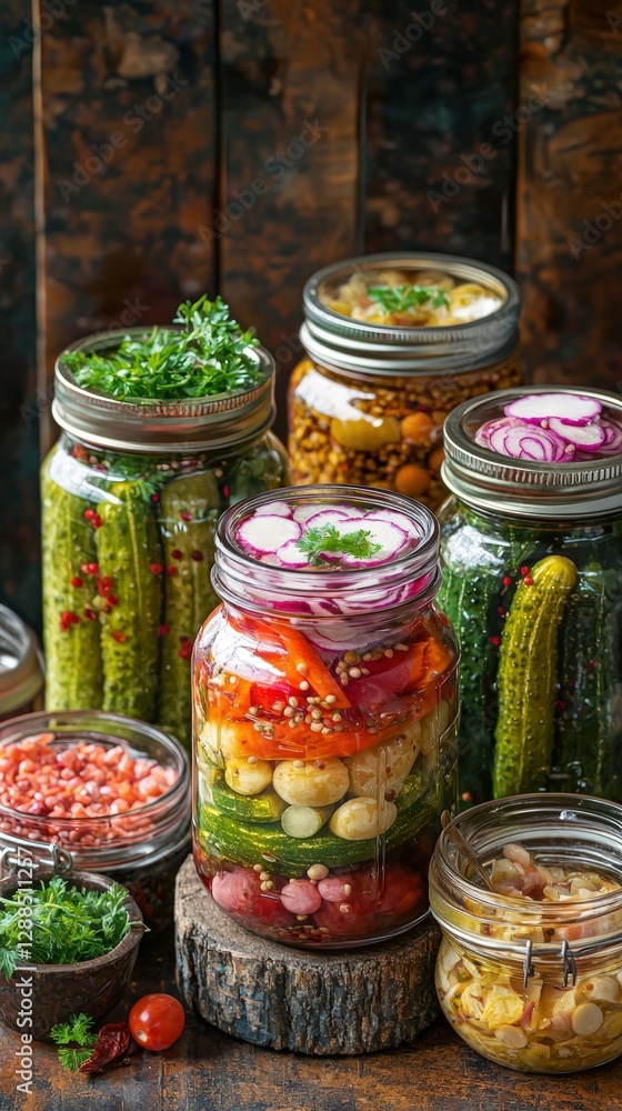 Poster an eye-catching display of various jars filled with an assortment of pickled items and delicacies