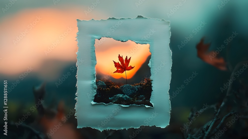Poster autumn maple leaf captured in a vintage polaroid style frame with a softly blurred vignette effect c