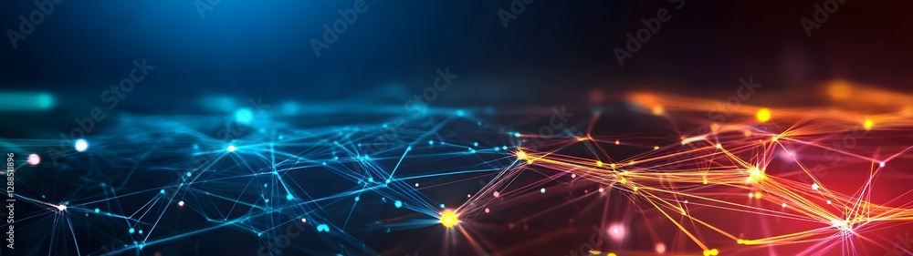 Leinwandbilder Vibrant and colorful digital network connections data flow and technology background  Futuristic 3D of an interconnected mesh of glowing lines particles