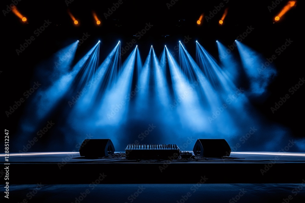 Poster empty stage illuminated by blue spotlights with mixing console and speakers waiting for the show