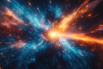 Abstract explosion of blue and orange cosmic clouds in deep space background