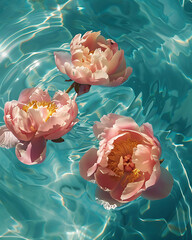 Close-up of a group of pink peonies floating in a water, a group of pink flowers floating in a pool