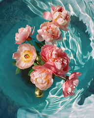 Close-up of a group of pink peonies floating in a water, a group of pink flowers floating in a pool