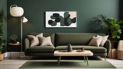 A contemporary living area featuring dark green walls, a white wooden floor, a brown sofa, a lamp, and a coffee table.