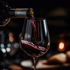 Fototapeta premium Close-up photo of a bottle of red wine poured into a glass.