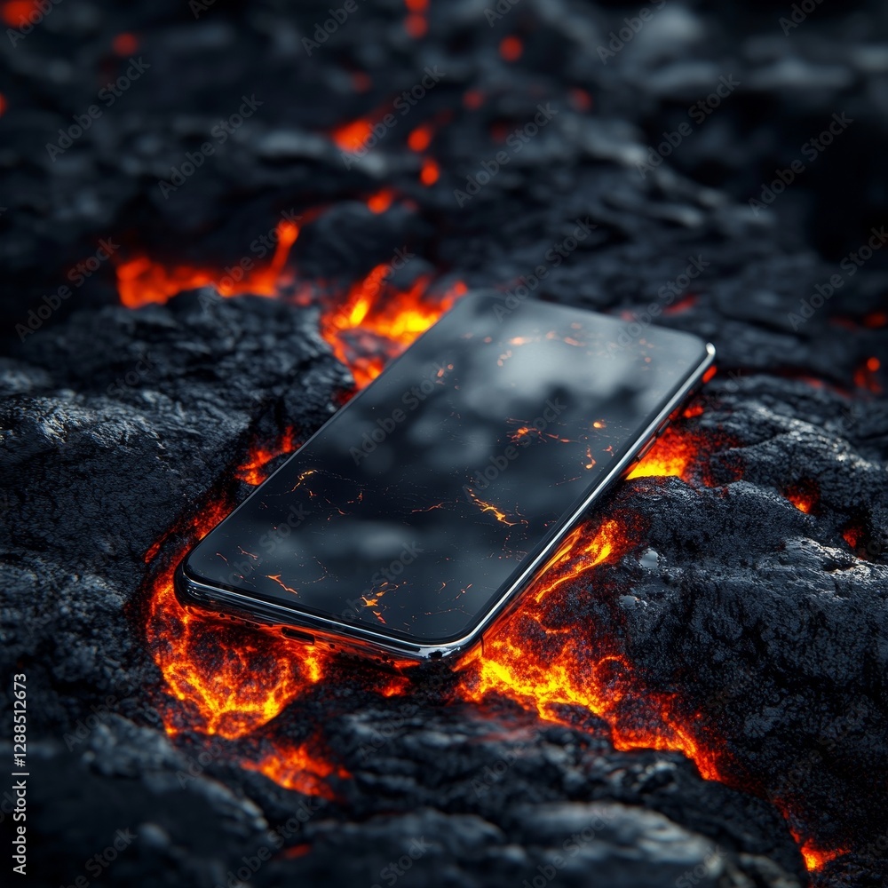 Poster a mysterious smartphone on lava captivating shadows and highlights in a unique atmosphere