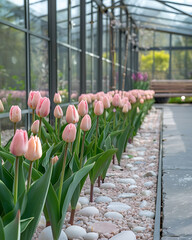 A large  flower box filled with pink and white tulips  with a greenhouse background