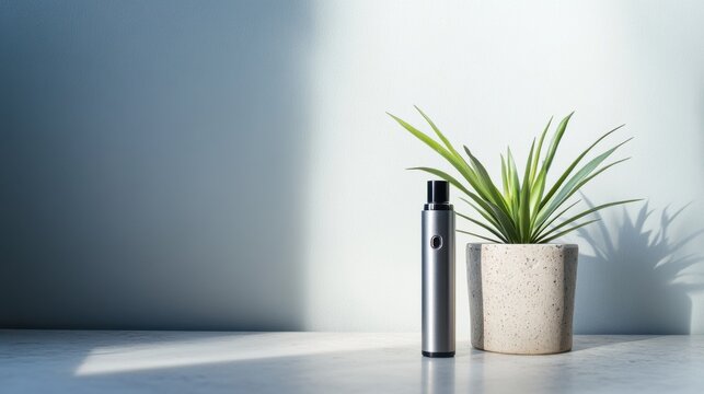 Vaping device on a smooth stone surface next to a contemporary decorative piece. Featuring modern elegance and calm