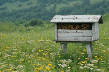 Rustic wooden beehive sits amidst vibrant wildflowers in a serene green meadow. Generative AI