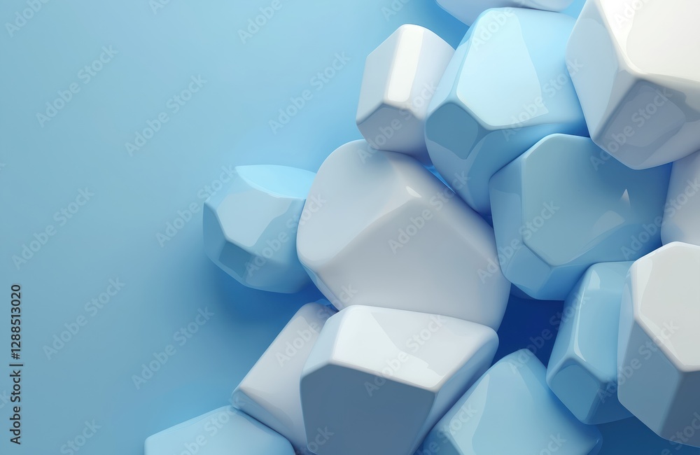 Leinwandbilder 3D abstract geometric shapes on blue background. White, light blue colors. Three-dimensional figures with light and shadow effect. Modern composition with smooth, shiny art objects for trendy design.