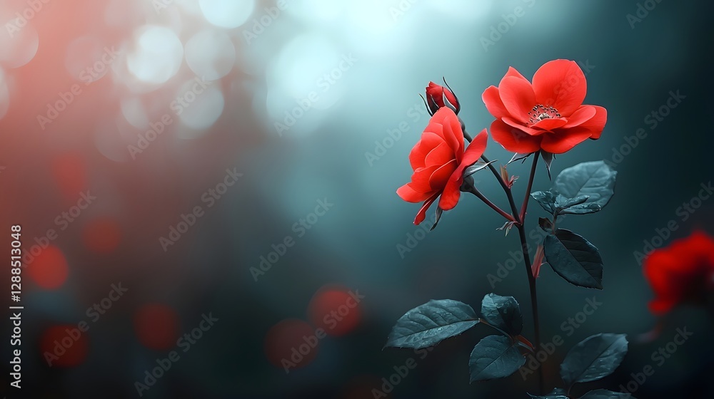 Poster beautifully arranged red roses in a symmetrical pattern with a soft blurred bokeh effect in the cent