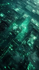 Abstract digital cityscape with glowing green lights, showcasing futuristic architecture and depth