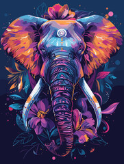 Colorful elephant with a flower on its trunk. The elephant is surrounded by a purple and blue background