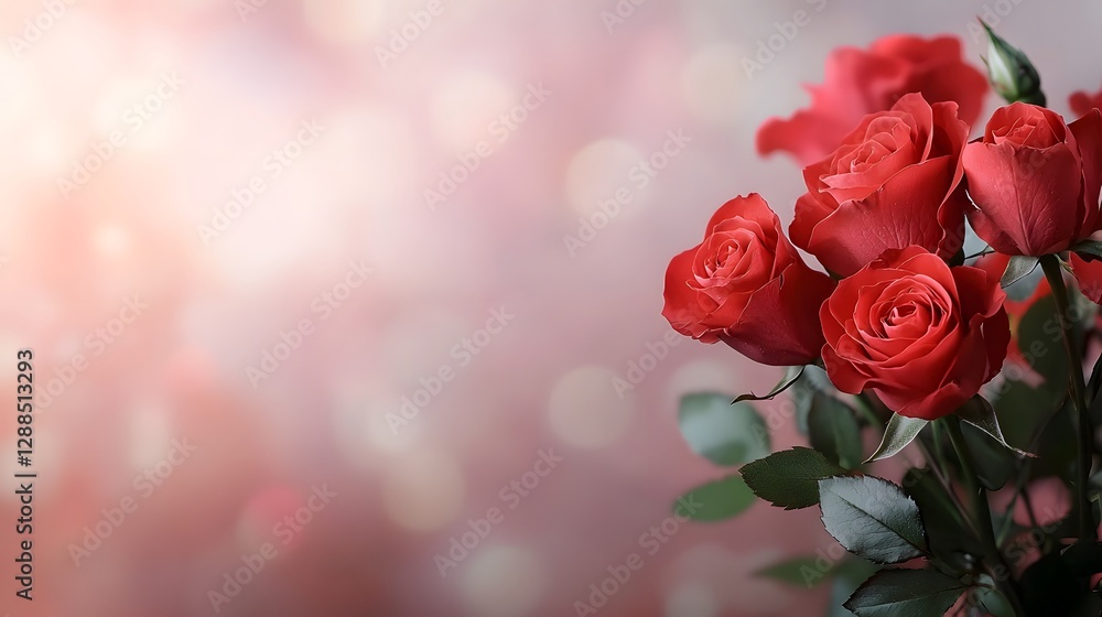 Poster beautifully arranged red roses with symmetrical composition and soft blurred bokeh effect in the cen