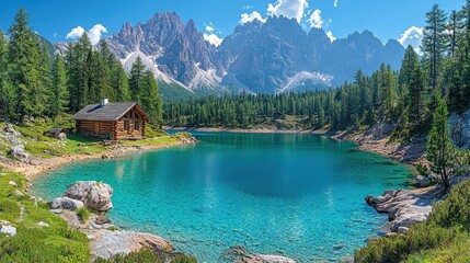 Fototapeta premium Log Cabin at Turquoise Lake with Mountains and Blue Skies in the Background