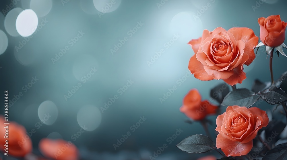 Poster beautifully arranged symmetrical bouquet of vibrant red roses with a soft blurred bokeh effect in th