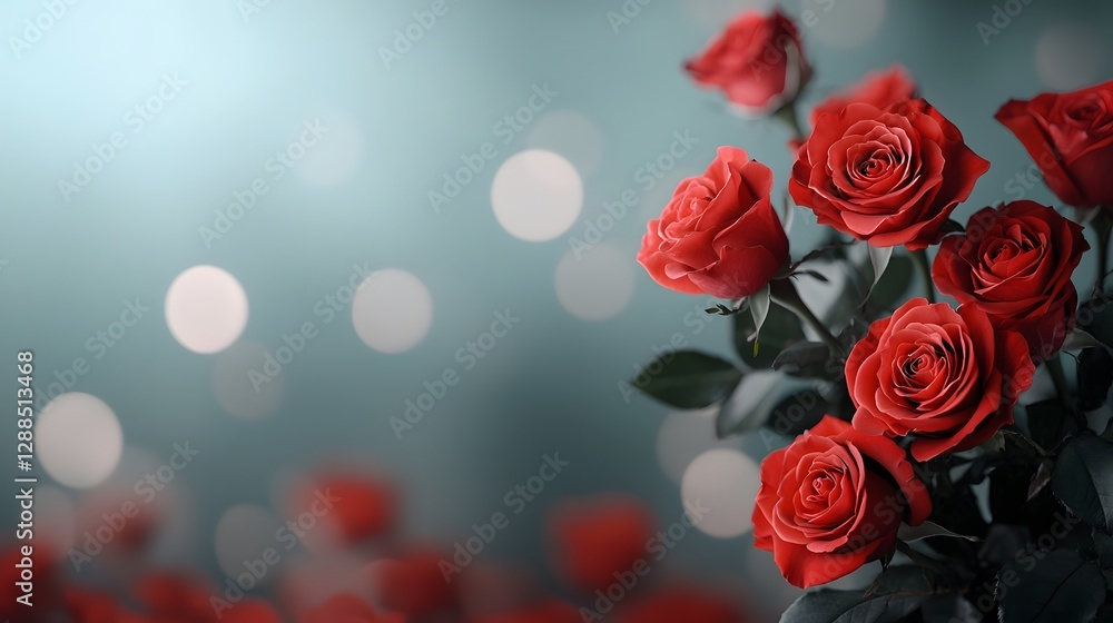 Poster beautifully arranged symmetrical bouquet of vibrant red roses with a soft blurred bokeh effect in th