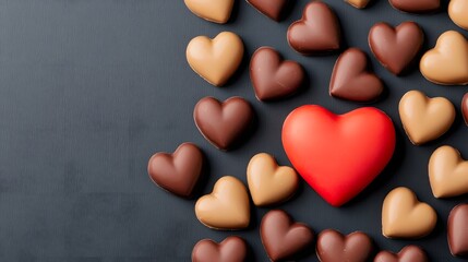 Beautifully arranged symmetrical red heart shaped chocolates with a lavish golden glow and a soft blank center evoking a sense of indulgence luxury and romance