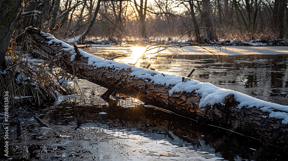 Poster sunlight streams through trees over snowy log in water; winter landscape background