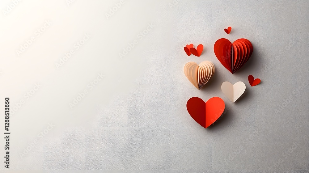 Poster beautifully crafted minimalist paper cut heart shapes in various sizes arranged symmetrically with s