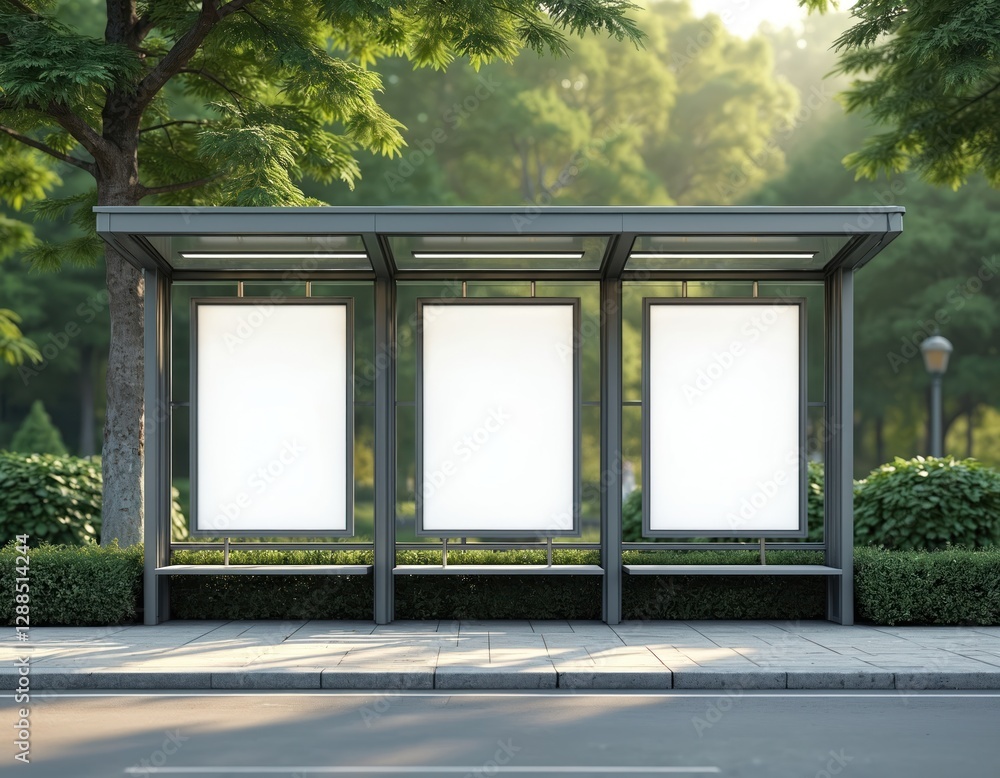 Poster mockup of bus station with three empty ad spaces, realistic 3d render. modern shelter for marketing 